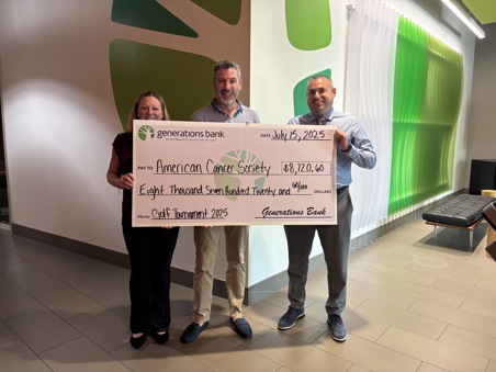 Derek Dyson and Kristin Sandroni of Generations Bank Present Check to American Cancer Society Representative